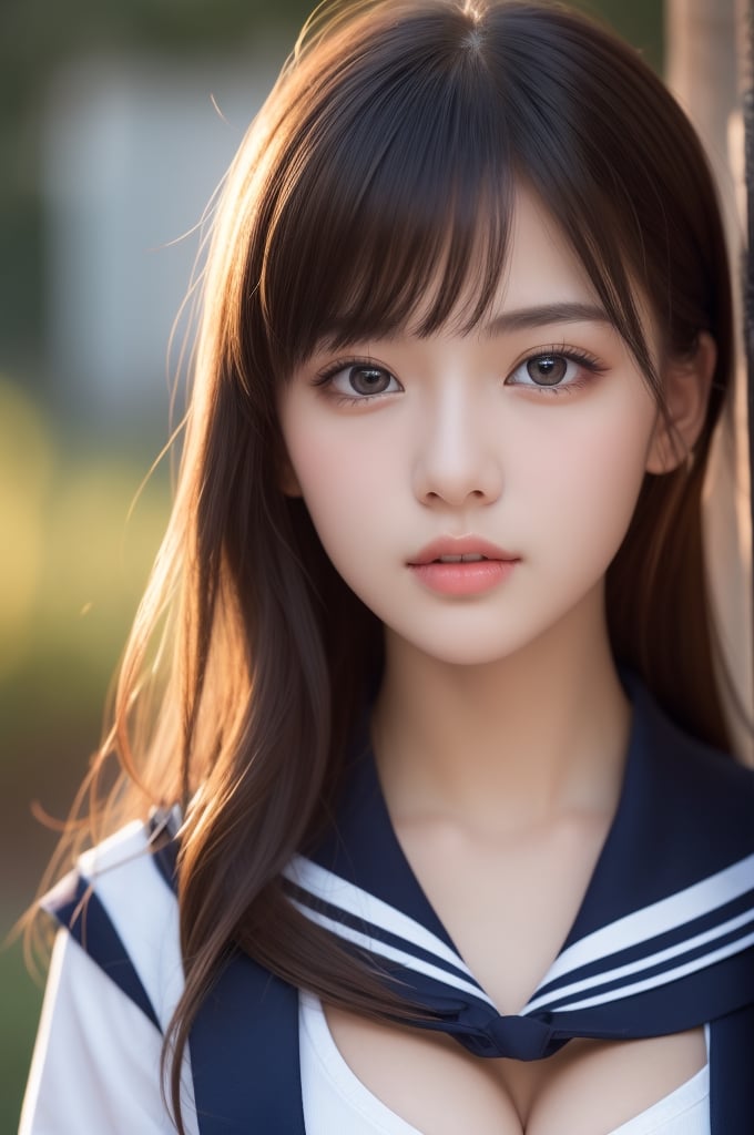 1girl, (Best Quality:1.4), (Ultra-detailed), (extremely detailed beautiful face), Amazing face and eyes, black eyes, black hair, (sailor uniform, school uniform:1.2), (cleavage), Smooth, extremely detailed CG unified 8k wallpaper, High-definition raw color photos, professional photograpy, Ray of light, Backlighting, Dreamy, Striking, depth of fields