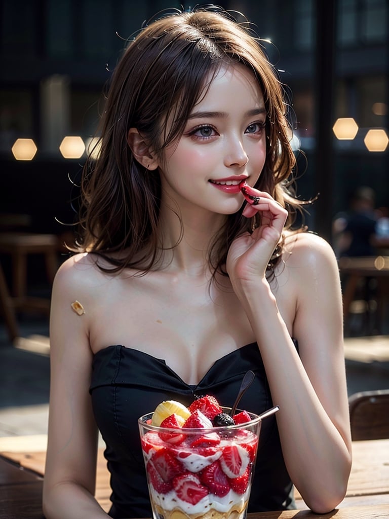 1girl, (happy smile:1.3), eating, (large and luxurious parfait:1.4), realistic, makeup, melting ice cream, stare at me, brown hair, lips, sexually suggestive, profile, teeth, Bare shoulders, (Bare chest), Realistic, extremely detailed CG unified 8k wallpaper, ighly detailed, High-definition raw color photos, professional photograpy, Realistic portrait, Cinematic Light,(Best Quality:1.4), High quality, (((Bokeh))), depth of fields,solo,ellafreya