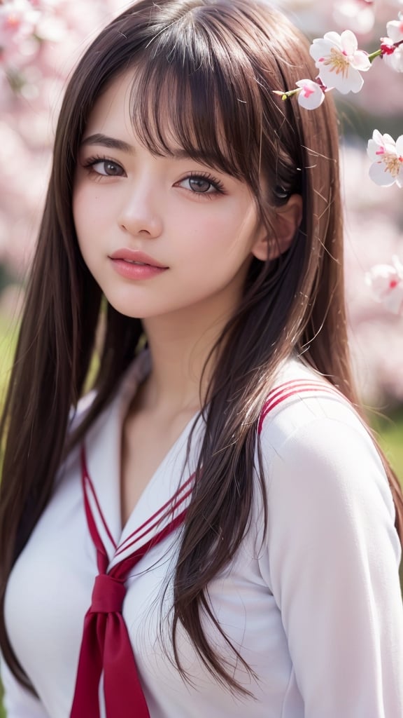 1girl, (Ultra realistic), (highly detailed eyes, highly detailed hair, highly detailed face, highly detailed plump lips), (sailor uniform, school uniform), breasts, caute smile, (best quality:1.4), Raw photo, (Ultra realistic), (photo-realistic:1.4), professional photography, cinematic light, depth of fields, cherry blossom trees, Spring, sunny skies,