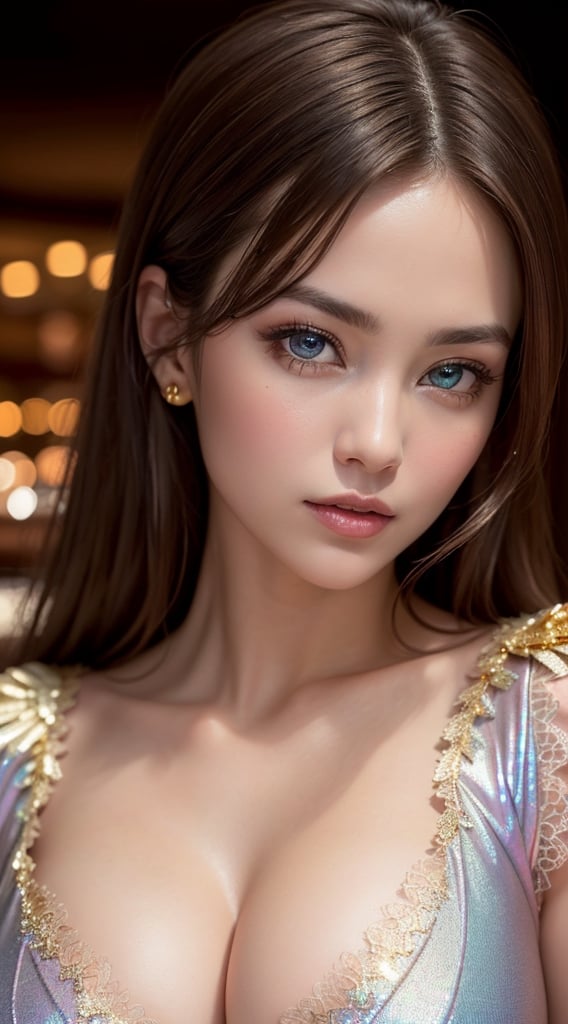 1woman, extremely beautiful, (Best Quality:1.4), (Ultra-detailed), (Ultra realistic, photo-realistic:1.37), (extremely detailed beautiful face), Amazing face and eyes, Brown hair, Brown eyes, (lace costume with wide open chest:1.3), (Beautiful big breasts:1.3), (glittering accessories), extremely detailed CG unified 8k wallpaper, raw photos, professional photograpy, cinematic lighting, (no bra), nipples, casino, casino bar, rich, Glittering, extravagant casino, illuminations, (iridescent:1.6), (gold-colored photo:1.5)