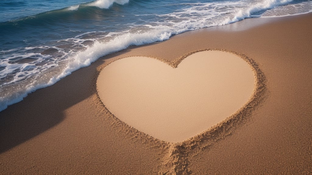 (Best Quality:1.4), (Ultra-detailed), (extremely detailed CG unified 8k wallpaper), Highly detailed, High-definition raw color photos, Professional Photography, Realistic portrait, evening, Extremely high resolution, (beach), (The shape of a heart slightly dug into the sand:1.2), (the waves, wave foam, the shape of a heart erased by the waves),