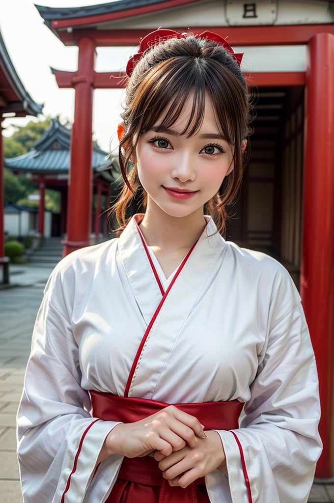 1girl, Chignon, Hair ornaments, Water leads, happy smile, (shrines maiden), (Japanese style shrines maiden costume), (White haori), (Red Hakama:1.6), Extremely cute, Amazing face and eyes, (extremely detailed beautiful face), (Ultra Realistic), (Highly detailed eyes, Highly detailed hair, Highly detailed face, Highly detailed plump lips), Upper body, Search Smile, (Best Quality:1.4), Raw photo, (Realistic, photo-Realistic:1.37), Professional Photography, Cinematic Light, divine, shrines, Red torii gate,Extremely Realistic