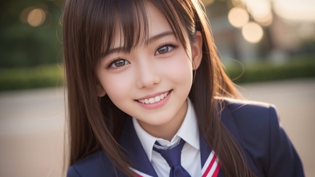 (1girl), (big round eyes), brown eyes, laugh shyly, (high school uniform:1.2), (Highest Quality: 1.4), (Super Detailed), (Best Quality:1.4), (Ultra-detailed), evening, Extremely high resolution, (upper body), face close up, school anime, anime illustration, dazzling light, a fantastic sight, transcendent charm