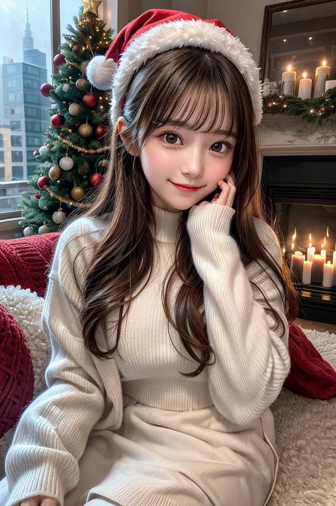 (1girl:1.3), (Extremely cute, Amazing face and eyes), solo, realistic, santa hat, christmas, long hair, fire, long sleeves, red sweater, smile, christmas tree, scenery, fireplace, window, couch, table, indoors, cityscape, christmas lights, christmas ornaments, building, night, chair, city, carpet, lamp, rug, city lights, snowing, stuffed toy, curtains, candle, gift box, stuffed animal, snow, cup, pillow, instrument, skyscraper, sky, teddy bear, cushion, (Best Quality:1.4), photo realistic, raw photos, professional photograpy, focus on girls face,  