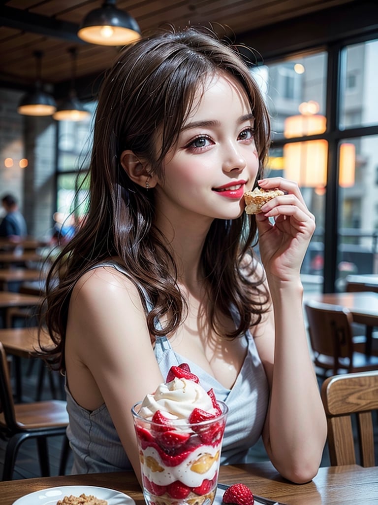 1girl, (happy smile:1.3), eating, (large and luxurious parfait:1.4), realistic, makeup, melting ice cream, stare at me, brown hair, lips, sexually suggestive, profile, teeth, Bare shoulders, (Bare chest), Realistic, extremely detailed CG unified 8k wallpaper, ighly detailed, High-definition raw color photos, professional photograpy, Realistic portrait, Cinematic Light, (Best Quality:1.4), High quality, Indoor, stylish cafeteria, (((Bokeh))), depth of fields, 