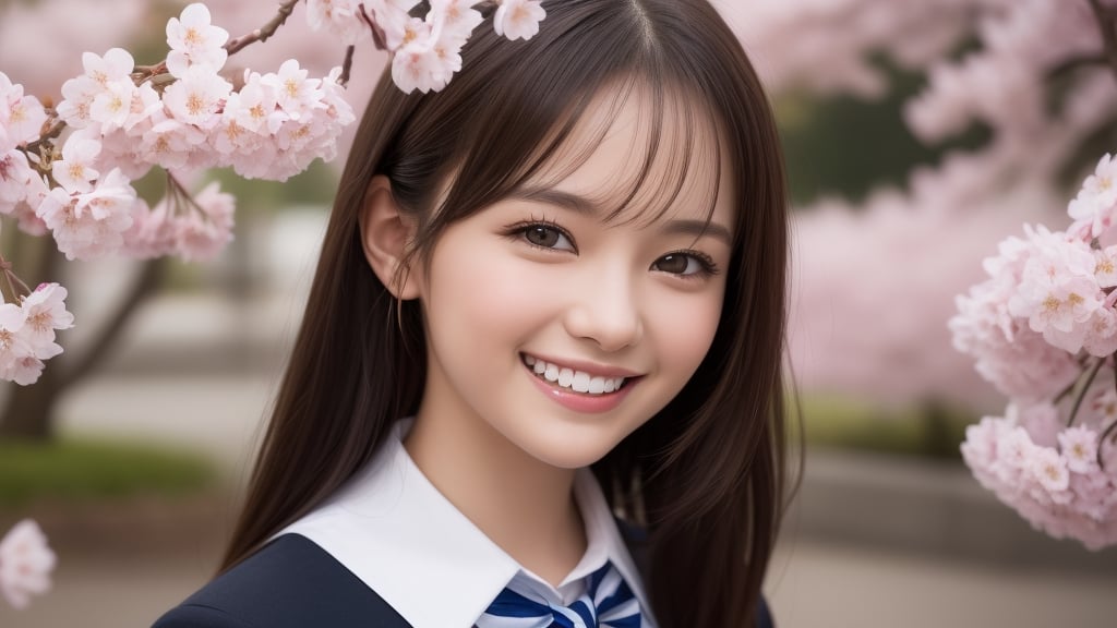 (1girl), (big smile:1.5), (Best Quality:1.4), (Ultra-detailed), (extremely detailed beautiful face), Amazing face and eyes, cute smile, brown eyes, (highly detailed Beautiful face), (high school uniform:1.2), (extremely detailed CG unified 8k wallpaper), Highly detailed, High-definition raw color photos, Professional Photography, Realistic portrait, Extremely high resolution, cherry blossoms, School, 