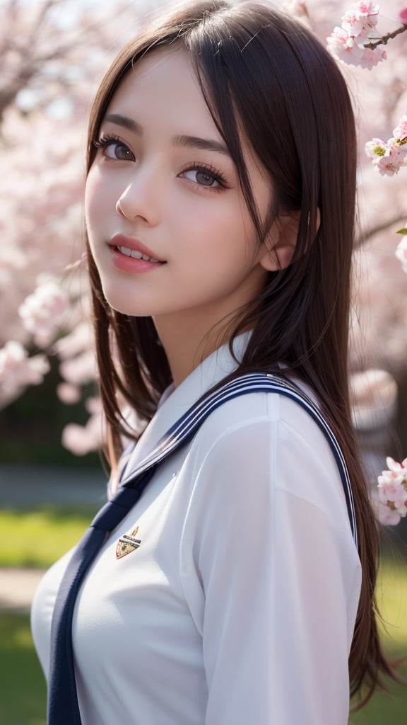 1girl, (Ultra realistic), (highly detailed eyes, highly detailed hair, highly detailed face, highly detailed plump lips), (sailor uniform, school uniform), breasts, caute smile, (best quality:1.4), Raw photo, (Ultra realistic), (photo-realistic:1.4), professional photography, cinematic light, depth of fields, cherry blossom trees, Spring, sunny skies,