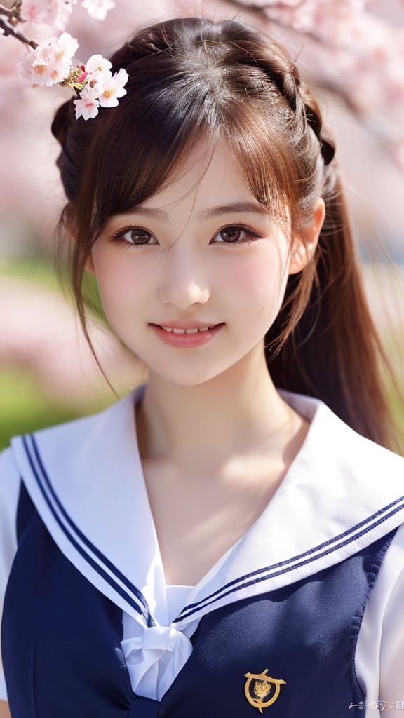 1girl, (Ultra realistic), (highly detailed eyes, highly detailed hair, highly detailed face, highly detailed plump lips), (sailor uniform, school uniform), breasts, caute smile, (best quality:1.4), Raw photo, (Ultra realistic), (photo-realistic:1.4), professional photography, cinematic light, depth of fields, cherry blossom trees, Spring, sunny skies,