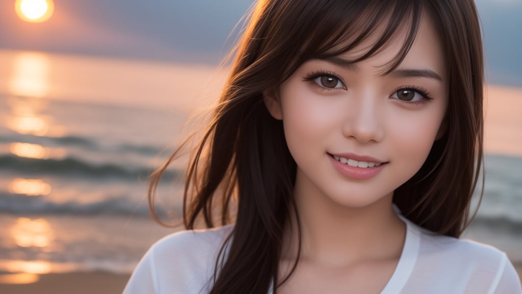 (1girl), Amazing face and eyes, delicate, (Best Quality:1.4), (Ultra-detailed), (extremely detailed beautiful face), brown eyes, (highly detailed Beautiful face), (extremely detailed CG unified 8k wallpaper), Highly detailed, High-definition raw color photos, Professional Photography, Realistic portrait, evening, Extremely high resolution, smiling, modern, trendy, fashionable, looking at me, open front shirt, (darkness:1.2), beach, sunset, 