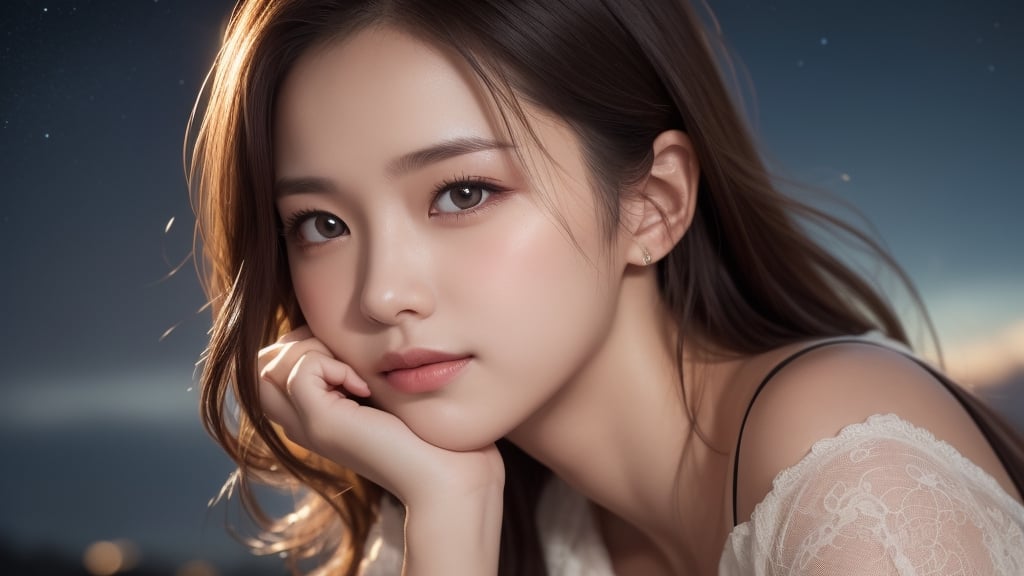 (1girl), sad expression, Amazing face and eyes, delicate, (Best Quality:1.4), (Ultra-detailed), (extremely detailed beautiful face), brown eyes, (highly detailed Beautiful face), (extremely detailed CG unified 8k wallpaper), Highly detailed, High-definition raw color photos, Professional Photography, Realistic portrait, evening, Extremely high resolution, smiling, modern, trendy, fashionable, starry sky, Backlit, (turn around, look back), looking at me, Expressionless, off-shoulder