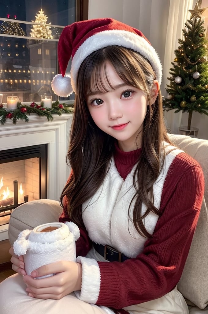 (1girl:1.3), (Extremely cute, Amazing face and eyes), solo, realistic, santa hat, christmas, long hair, blonde hair, fire, long sleeves, red sweater, smile, christmas tree, scenery, fireplace, window, couch, table, indoors, cityscape, christmas lights, christmas ornaments, building, night, chair, city, carpet, lamp, rug, city lights, snowing, stuffed toy, curtains, candle, gift box, stuffed animal, snow, cup, pillow, instrument, skyscraper, sky, teddy bear, cushion, (Best Quality:1.4), photo realistic, raw photos, professional photograpy, focus on girls face,