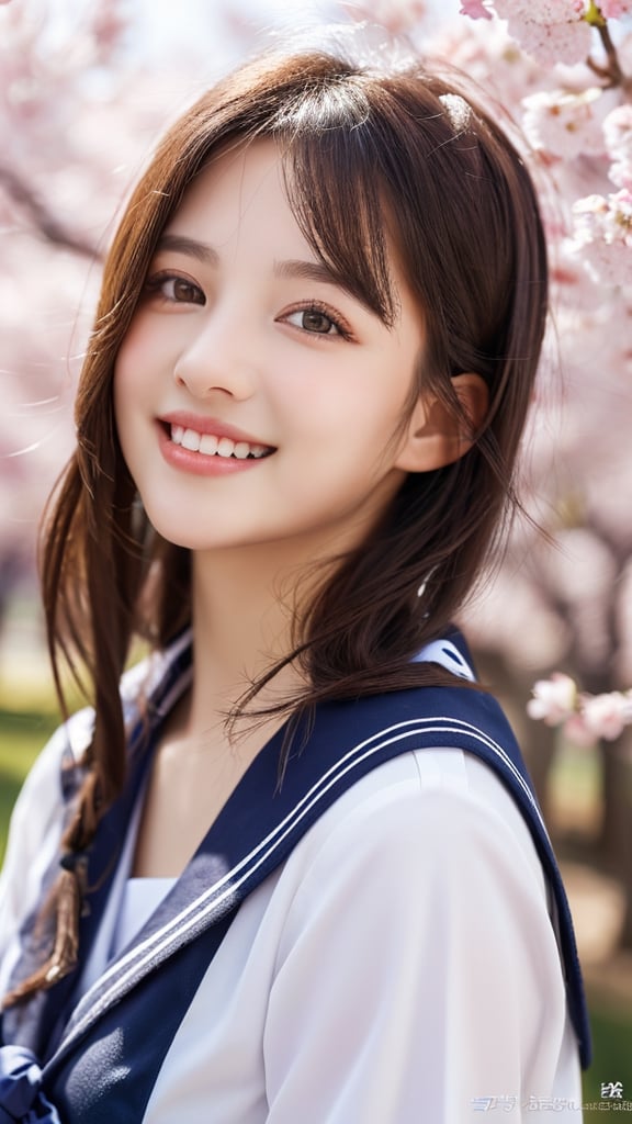 1girl, (Ultra realistic), (highly detailed eyes, highly detailed hair, highly detailed face, highly detailed plump lips), (sailor uniform, school uniform), breasts, caute smile, (best quality:1.4), Raw photo, (Ultra realistic), (photo-realistic:1.4), professional photography, cinematic light, depth of fields, cherry blossom trees, Spring, sunny skies,