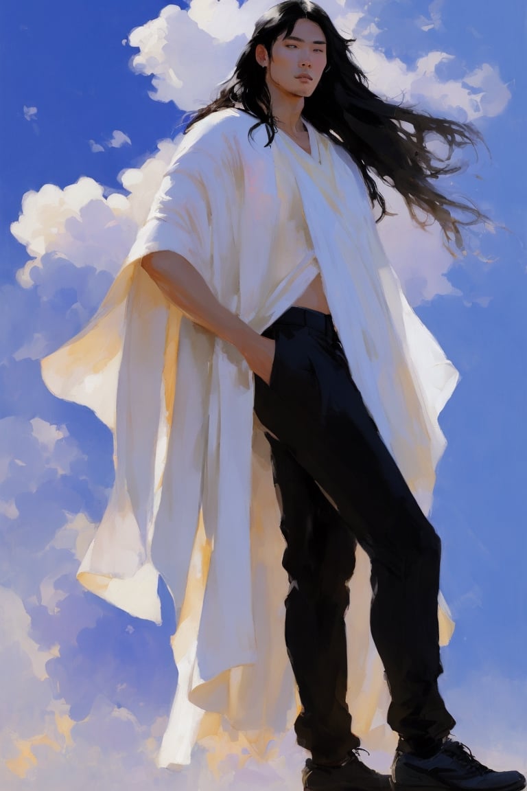 Style Ashley Wood, Dean Cornwell, 1man, a tall white muscle man, asian, long black hair,
art by Andrey Atroshenko, art by Tanya Shatseva,photorealistic,cloudstick, naked, black pants, white Poncho only, fantasy art