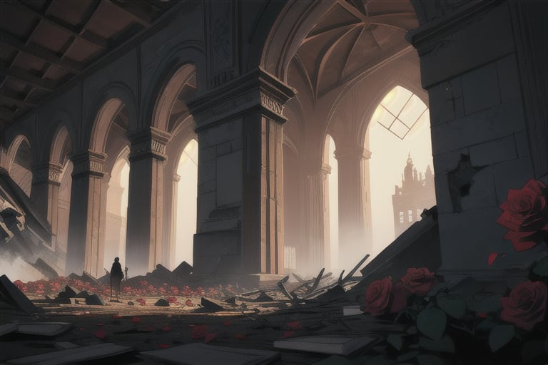 Amazing wallpaper, epic, roses, mansion, danger, detailed light, movie style, medieval, outside view, cinematic drawing, mysterious aura, collapsing, collapse, dramatic, hidden enemies, libros misteriosos, magic, high_resolution, complex_background, ultra detailed, movie, epic