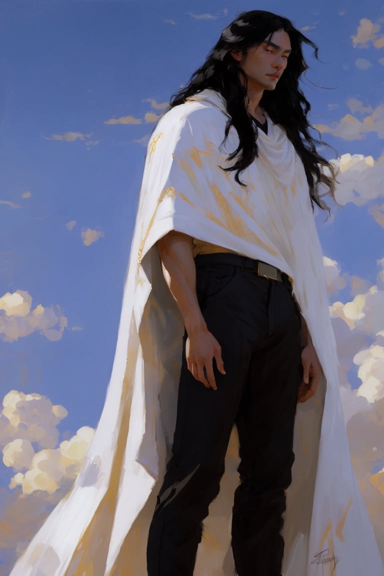 Style Ashley Wood, Dean Cornwell, 1man, a tall white muscle man, asian, long black hair,
art by Andrey Atroshenko, art by Tanya Shatseva,photorealistic,cloudstick, naked, black pants, white Poncho only, fantasy art