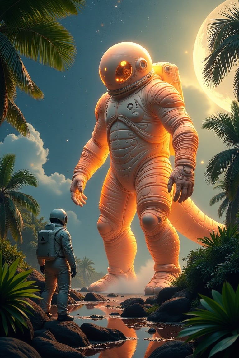 A masterpiece by Eli Roth, featuring an astronaut floating gracefully against a backdrop of distant galaxies. In the foreground, a gigantic translucent golden glowing monster stands on wet ground in a lush jungle. The scene is bathed in warm, cozy lighting on a beautiful sunny day, with intricate details and vibrant colors. The composition is dynamic, capturing the awe-inspiring scale and surreal atmosphere.