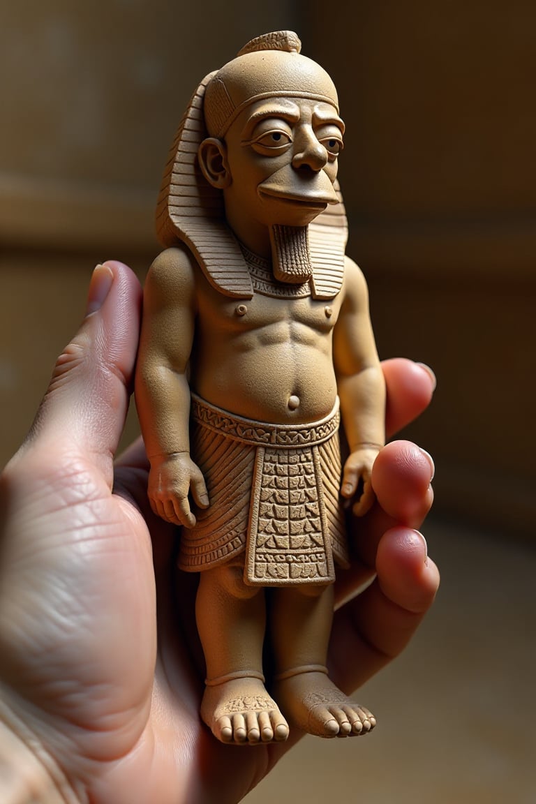 A photorealistic, 3D, 4K UHD cinematic render of a hand holding an ancient Sumerian statue. The statue features an Egyptian god's body with intricate details, but the head is that of Homer Simpson. The object shows signs of age and wear, as if recently unearthed from an archaeological site. The scene is framed with a close-up focus on the statue, illuminated by soft, natural light, highlighting the texture and craftsmanship of the ancient artifact.