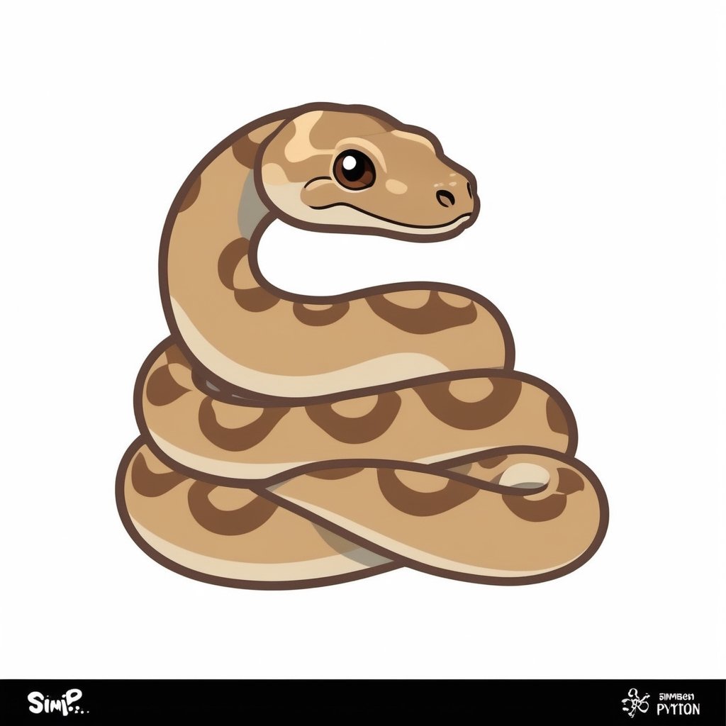 Stimpson python, cute snake, brown spotted snake, light brown colours, sitting on the sand, cartoon like drawing, 