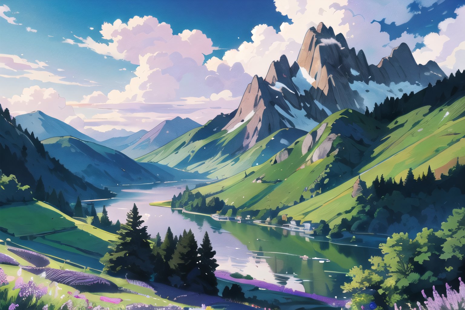 masterpiece, best_quality, mountains_background, trees, beautiful_scenery, lake, heavenly cloudy, forest, lush, flowers, spring_time, slopes, (dusk:1.2), (lavender_field:1.3), (realistic:1.2)