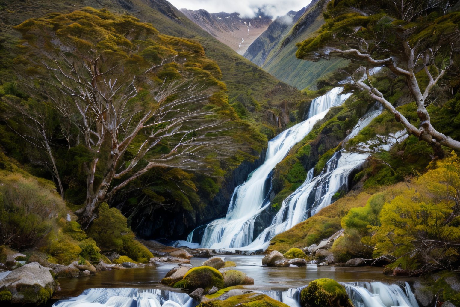 Produce an image that showcases the serene resilience of nature in the face of change. Picture a breathtaking landscape where nature's elements harmoniously coexist, undisturbed by external influences. Depict a scene where ancient trees, mighty mountains, and gentle streams stand firm, evoking a sense of unwavering stability amid the passing of time. New Zealand waterfall. 