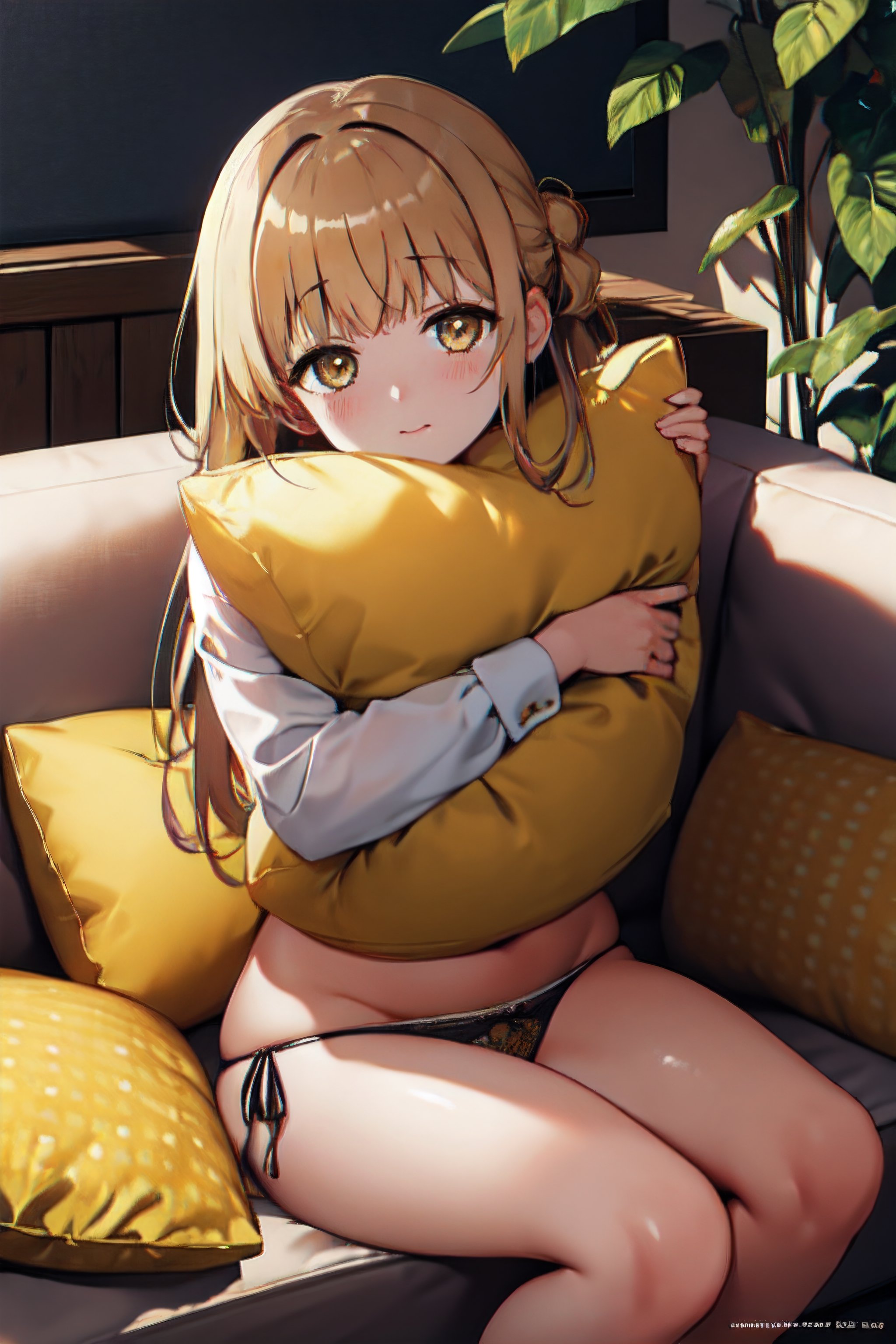 masterpiece, best quality, dynamic angle, looking at viewer, bloom, a girl, solo, shiina mahiru, yellow eyes, mouth hold hairrope, pillow hug, couch, side-tie panties, plants, beautiful detailed background,