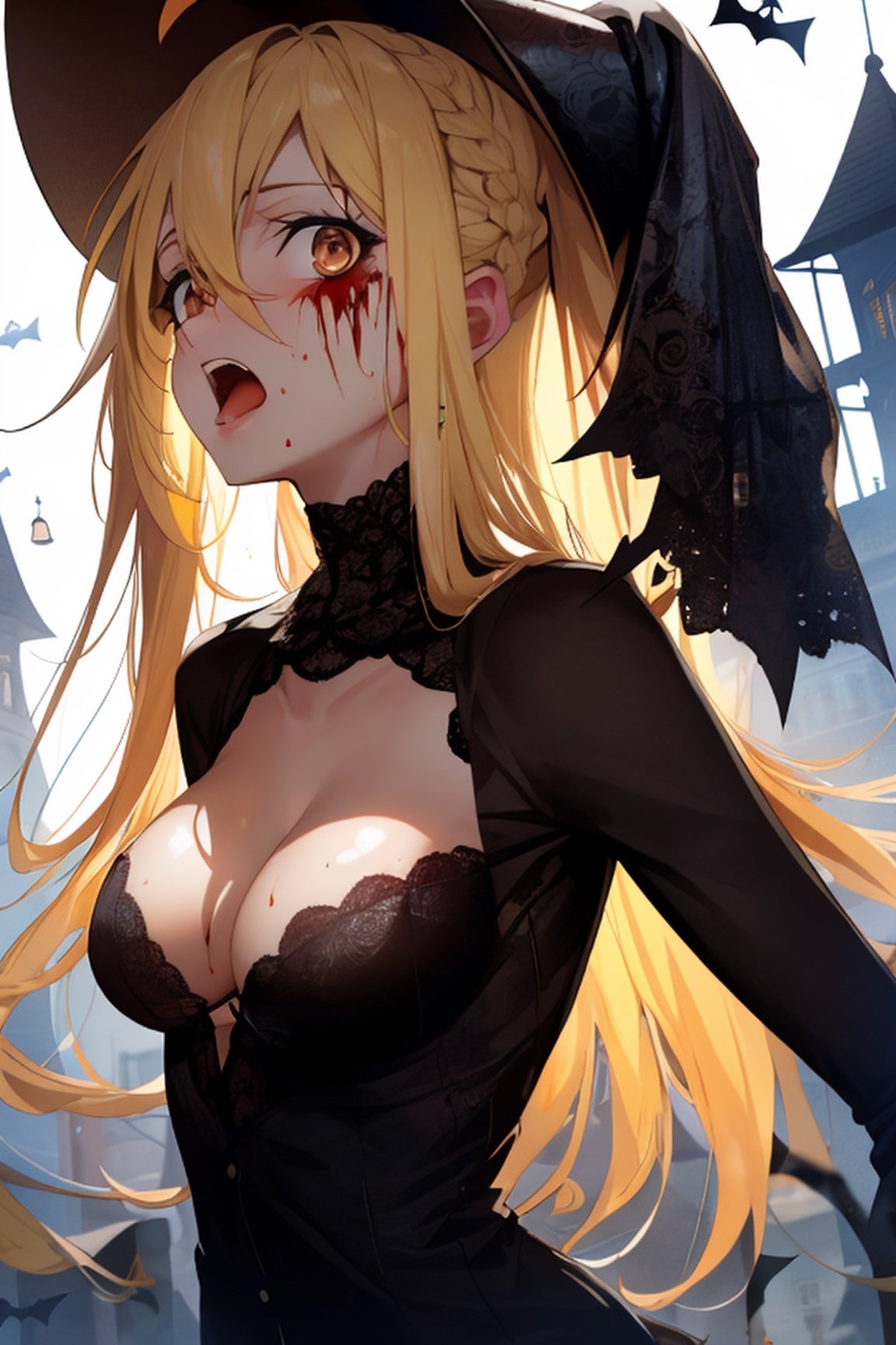 nijikaijichi, , nijika ijichi, ahoge, blonde hair, (brown eyes:1.5), long hair, one side up, (flat chest:1.2)
(masterpiece, best quality, highres:1.3), ultra resolution image, (1girl), (solo), (mascara, eyelashes), large breast, petite body, niji, Halloween girl, Halloween cosplay, blood on mouth, happy_face, terror, embarassed, bloodborne, viewed_from_behind, from_behind, seen from below,Hair over eyes, castle