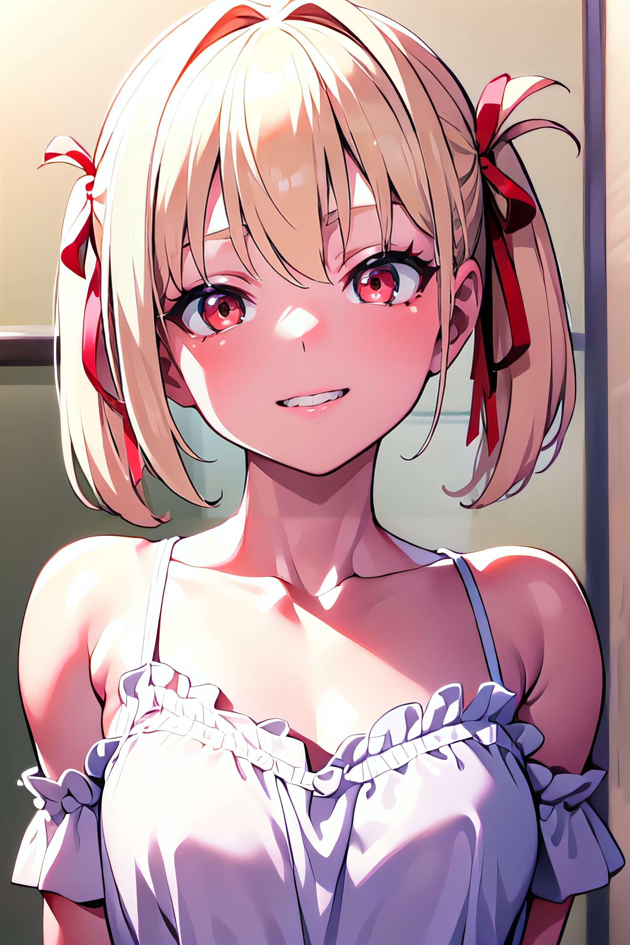 chisatonishikigi, , nishikigi chisato, short hair, bangs, blonde hair, (red eyes:1.5), hair ribbon, one side up, bob cut,BREAK japanese,shirt, bare shoulders, twintails, collarbone, hair ribbon, white shirt, frills, off shoulder, red ribbon, short twintails, off-shoulder shirt, frilled shirt,BREAK outdoors, track and field,BREAK looking at viewer, BREAK , (masterpiece:1.2), best quality, high resolution, unity 8k wallpaper, (illustration:0.8), (beautiful detailed eyes:1.6), extremely detailed face, perfect lighting, extremely detailed CG, (perfect hands, perfect anatomy), vape, cum on face, ,mesugaki