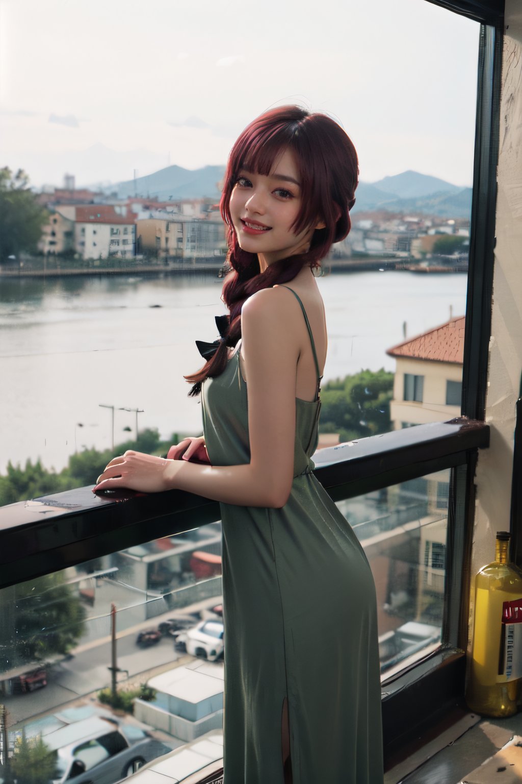 , , dark pink hair, braided ponytail, bangs, long green dress, strap slip, bare shoulders, black ribbon, blushing, standing, smiling, looking at viewer, scenery, sitting, drinking, alcohol, bottle,, anirl, best quality, ultra high res,