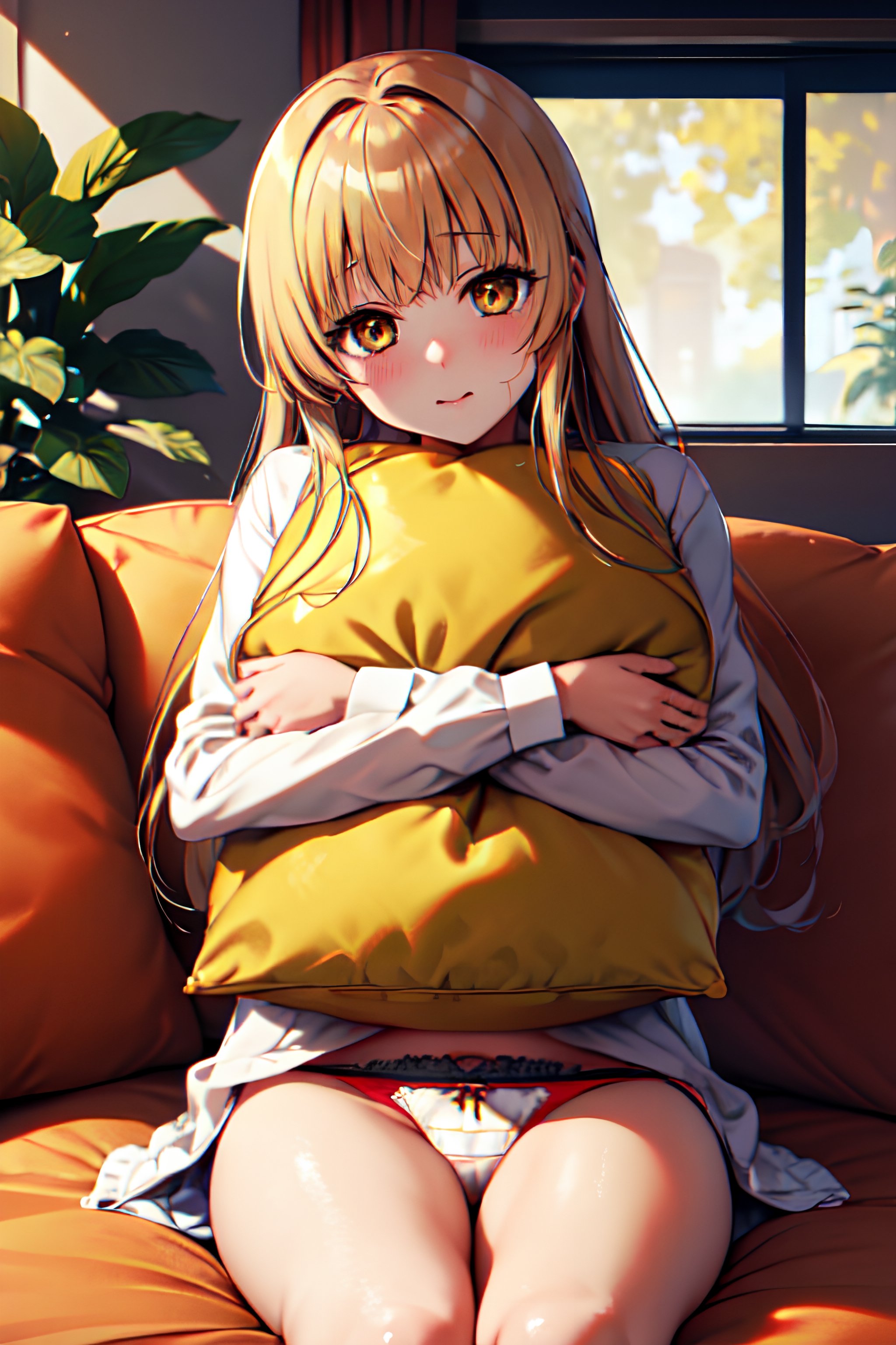 masterpiece, best quality, dynamic angle, looking at viewer, bloom, a girl, solo, shiina mahiru,  cute eyes, anime eyes, yellow eyes, mouth hold hairrope, pillow hug, couch, side-tie panties, plants, beautiful detailed background,