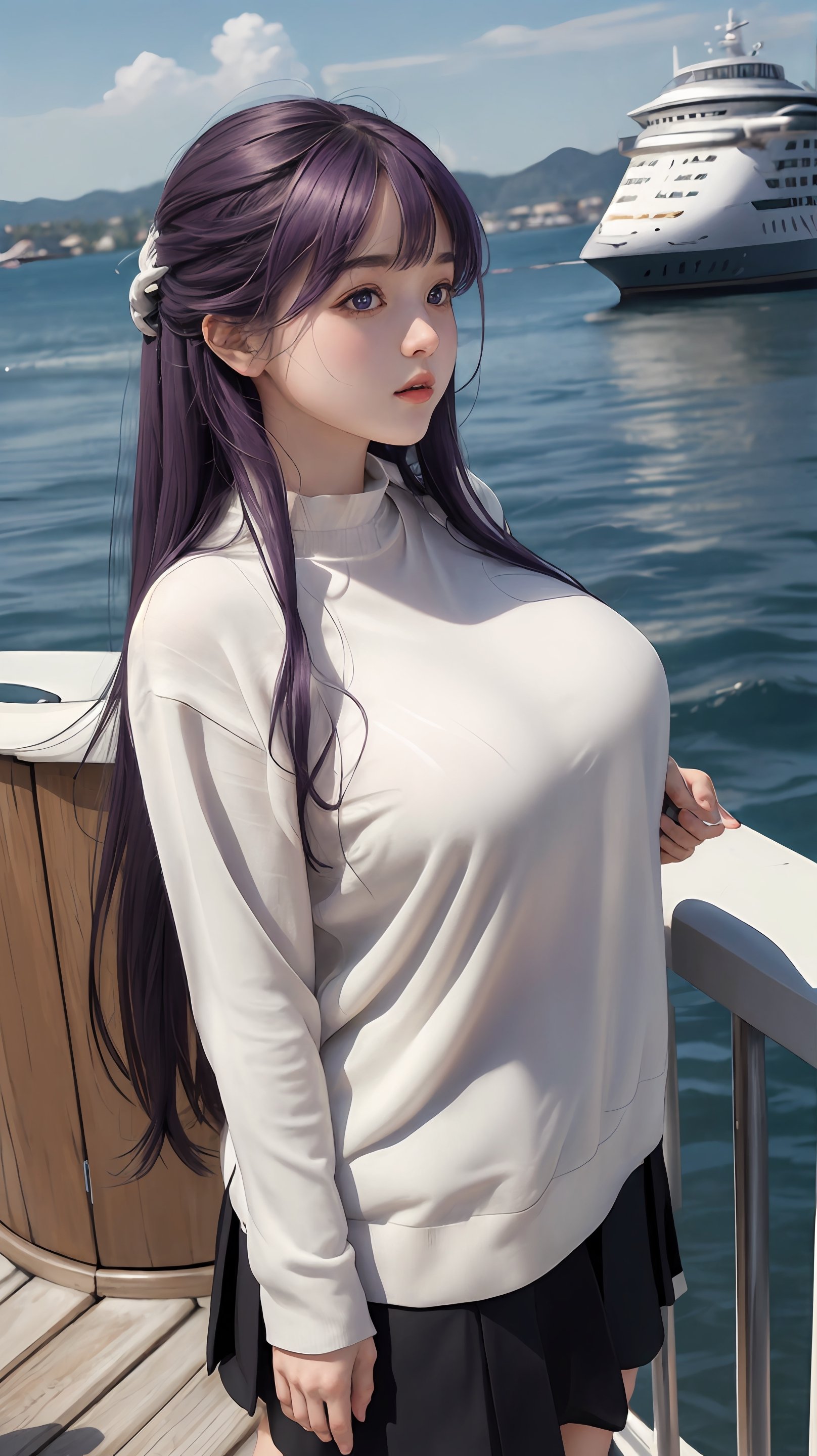 masterpiece, best quality, absurdres, perfect anatomy, 1girl, solo, FernFrieren, very long hair, purple eyes, ,white sweater,  long sleeves,mini_skirt , outdoors, harbor, large breasts, ,FernFrieren.upper body.,perfect.plump.cruise ship.seagull.looking at viewer.