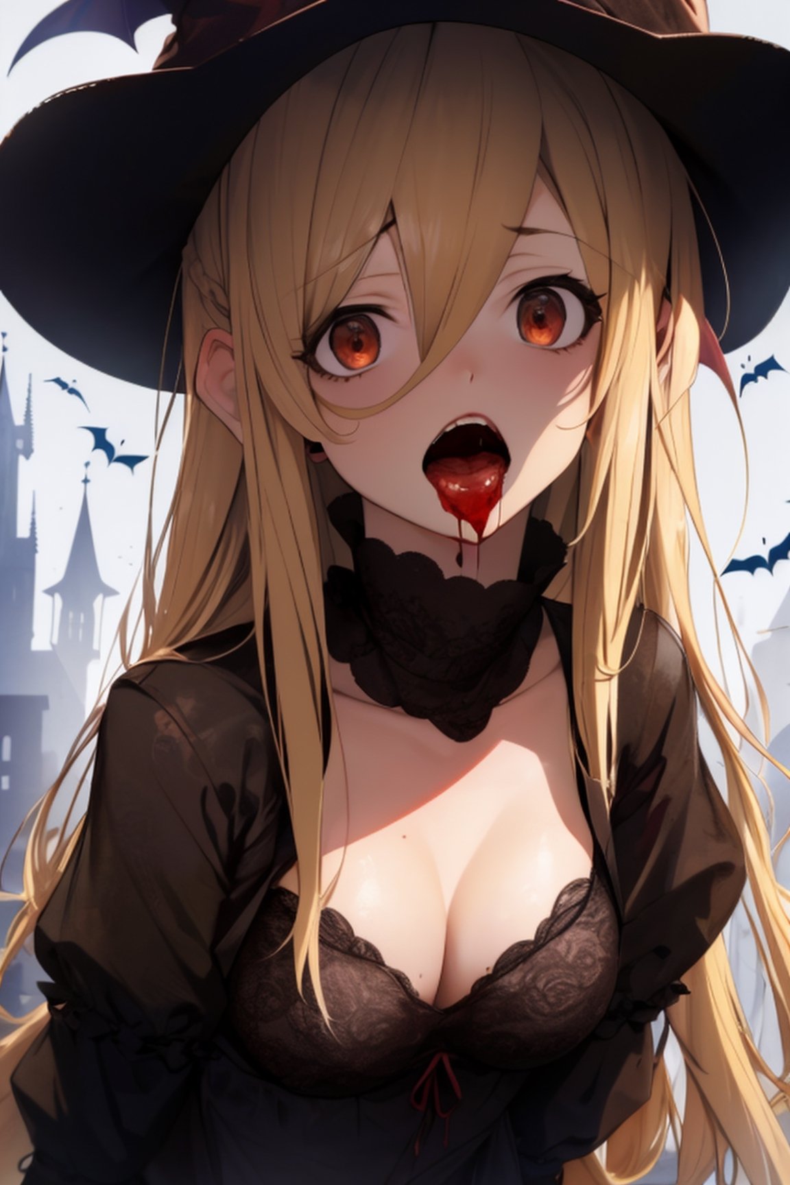 nijikaijichi, , nijika ijichi, ahoge, blonde hair, (brown eyes:1.5), long hair, one side up, (flat chest:1.2)
(masterpiece, best quality, highres:1.3), ultra resolution image, (1girl), (solo), (mascara, eyelashes), large breast, petite body, niji, Halloween girl, Halloween cosplay, blood on mouth, happy_face, terror, embarassed, bloodborne, viewed_from_behind, from_behind, seen from below,Hair over eyes, castle