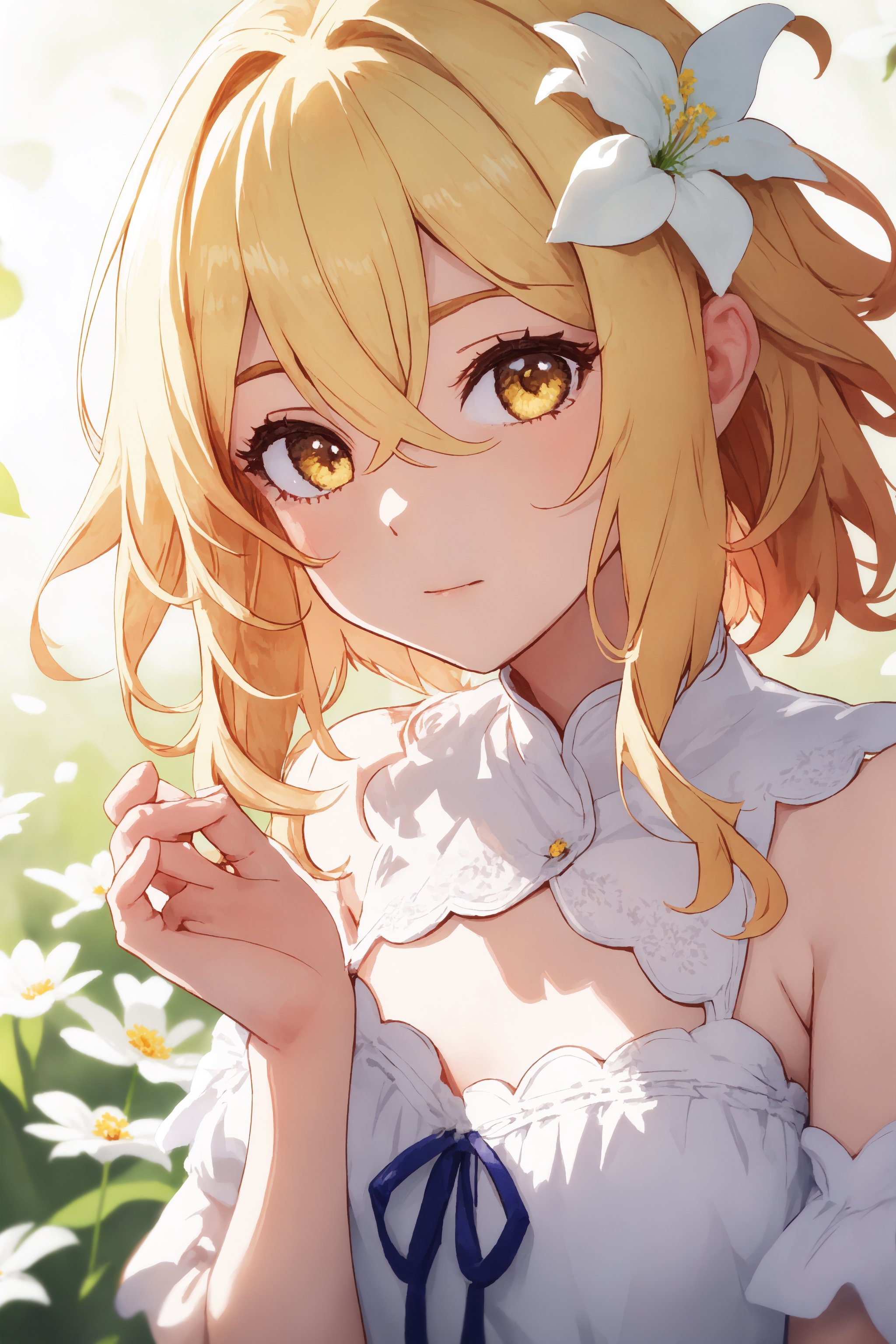 centered, masterpiece, upper body, (beautiful detailed eyes:1.2), | lumine_genshin, 1girl, solo, blonde hair, hair between eyes, short hair with long locks, hair ornament, hair flower, flower, white flower, yellow eyes, | simple background, bokeh, depth of field, | ,High detailed ,More Detail,nm1