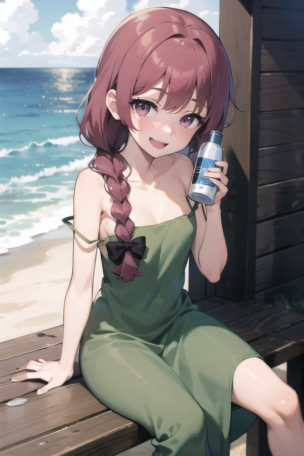 , , dark pink hair, braided ponytail, bangs, long green dress, strap slip, bare shoulders, shark teeth, black ribbon, blushing, standing, smiling, looking at viewer, scenery, sitting, drinking, alcohol, bottle,, anirl, best quality, ultra high res,