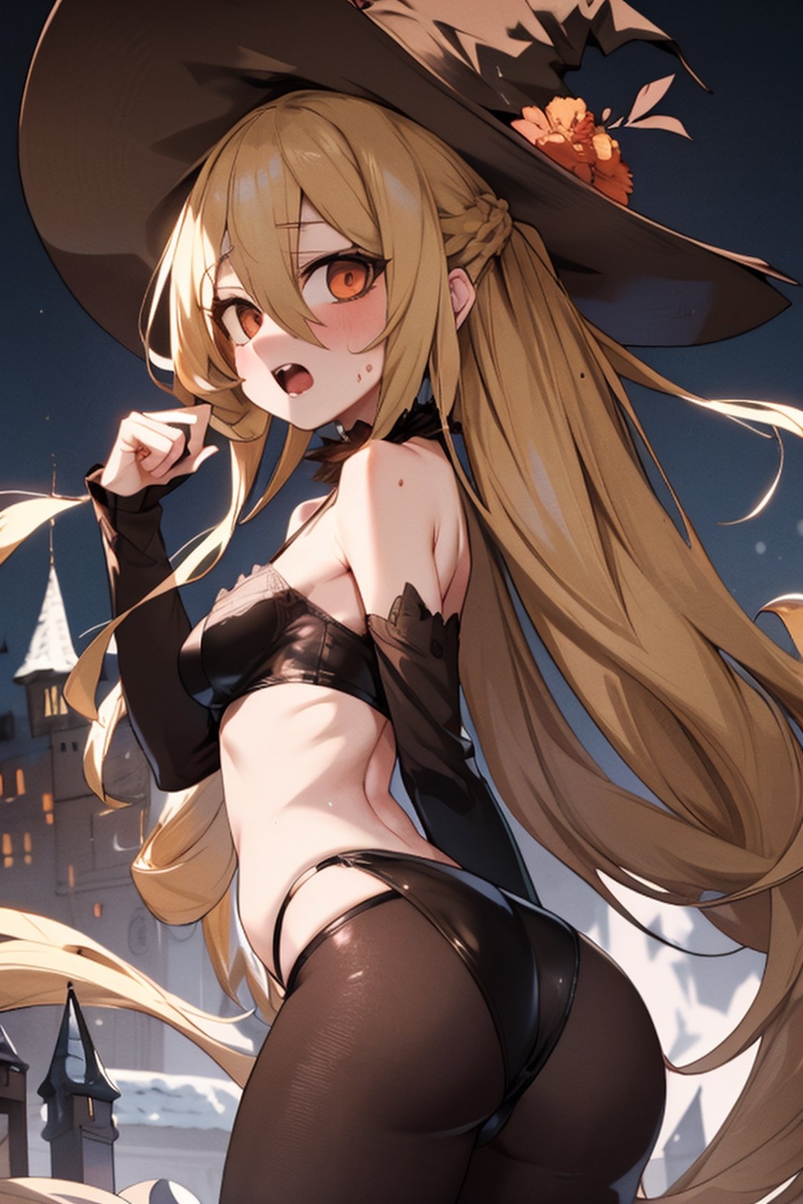 nijikaijichi, , nijika ijichi, ahoge, blonde hair, (brown eyes:1.5), long hair, one side up, (flat chest:1.2)
(masterpiece, best quality, highres:1.3), ultra resolution image, (1girl), (solo), (mascara, eyelashes), large breast, petite body, niji, Halloween girl, Halloween cosplay, blood on mouth, open mouth,terror, embarassed, bloodborne, viewed_from_behind, from_behind, seen from below,Hair over eyes, castle
