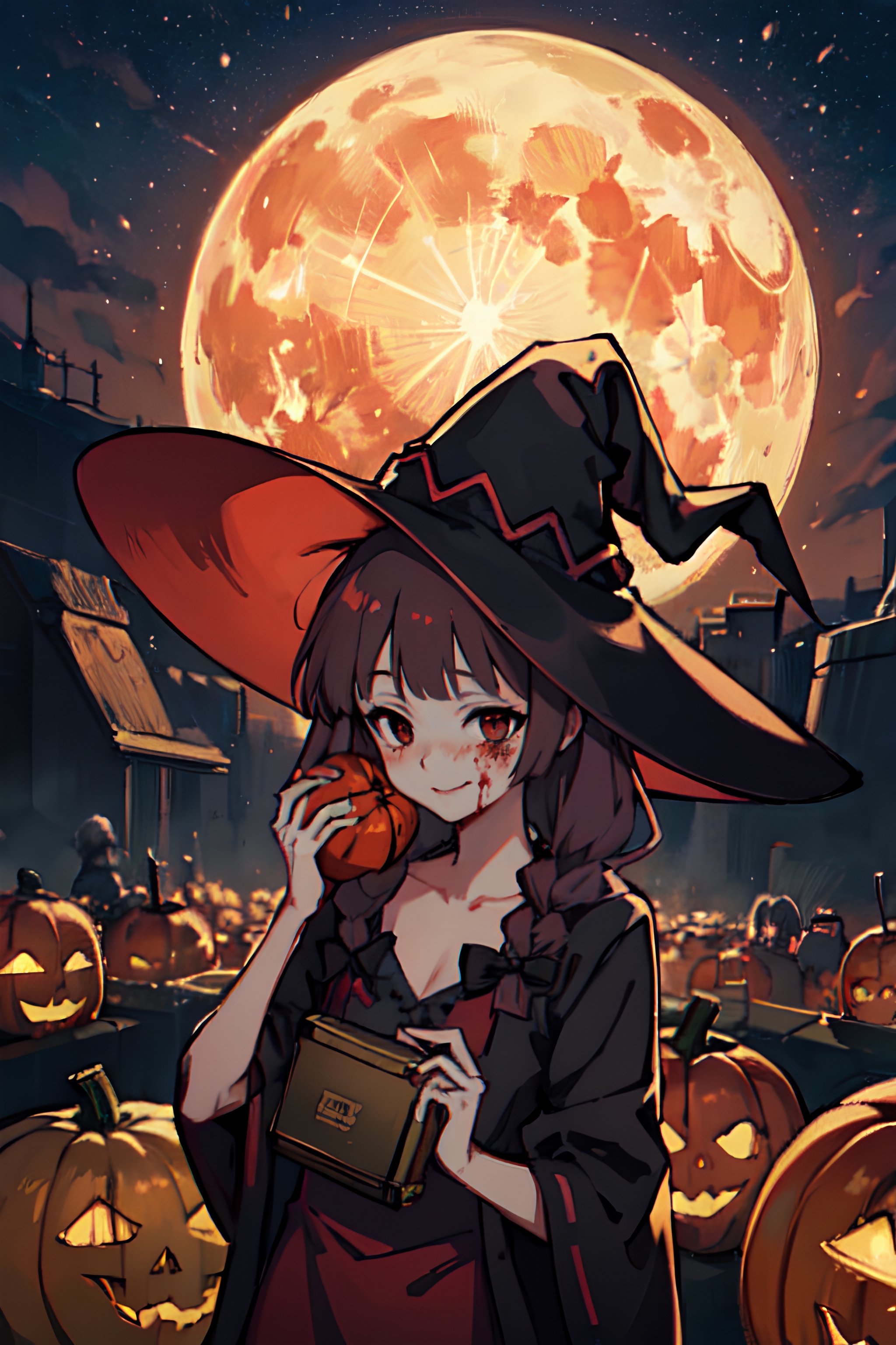 witch holding a pumpkin in front of a full moon, witch girl, portrait of a young witch girl, witch academia, anime style 4 k, badass anime 8 k, demon anime girl, 4 k manga wallpaper, 4k anime wallpaper, a witch, half invoker half megumin, anime art wallpaper 8 k, bright witch, dark witch, blood_on_face, blood-stained_clothes,ogiwara sayu