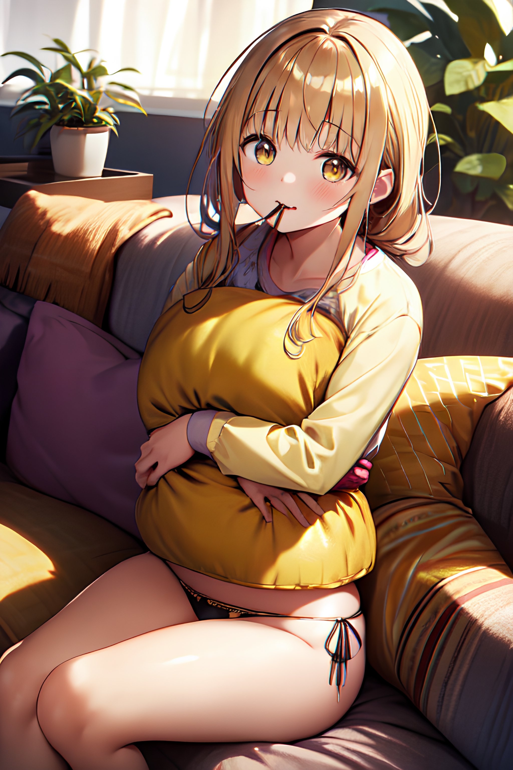 masterpiece, best quality, dynamic angle, looking at viewer, bloom, a girl, solo, shiina mahiru,  cute eyes, anime eyes, yellow eyes, mouth hold hairrope, pillow hug, couch, side-tie panties, plants, beautiful detailed background,