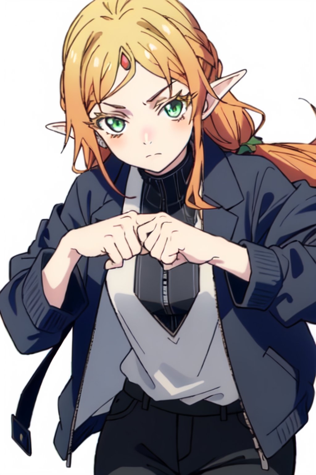 drip jacket,white background, shirt, jacket, closed mouth, open clothes, black pants, pants, 1girl,  black shirt, looking at viewer, open jacket, solo, own hands together ,mudrock, suiojisan