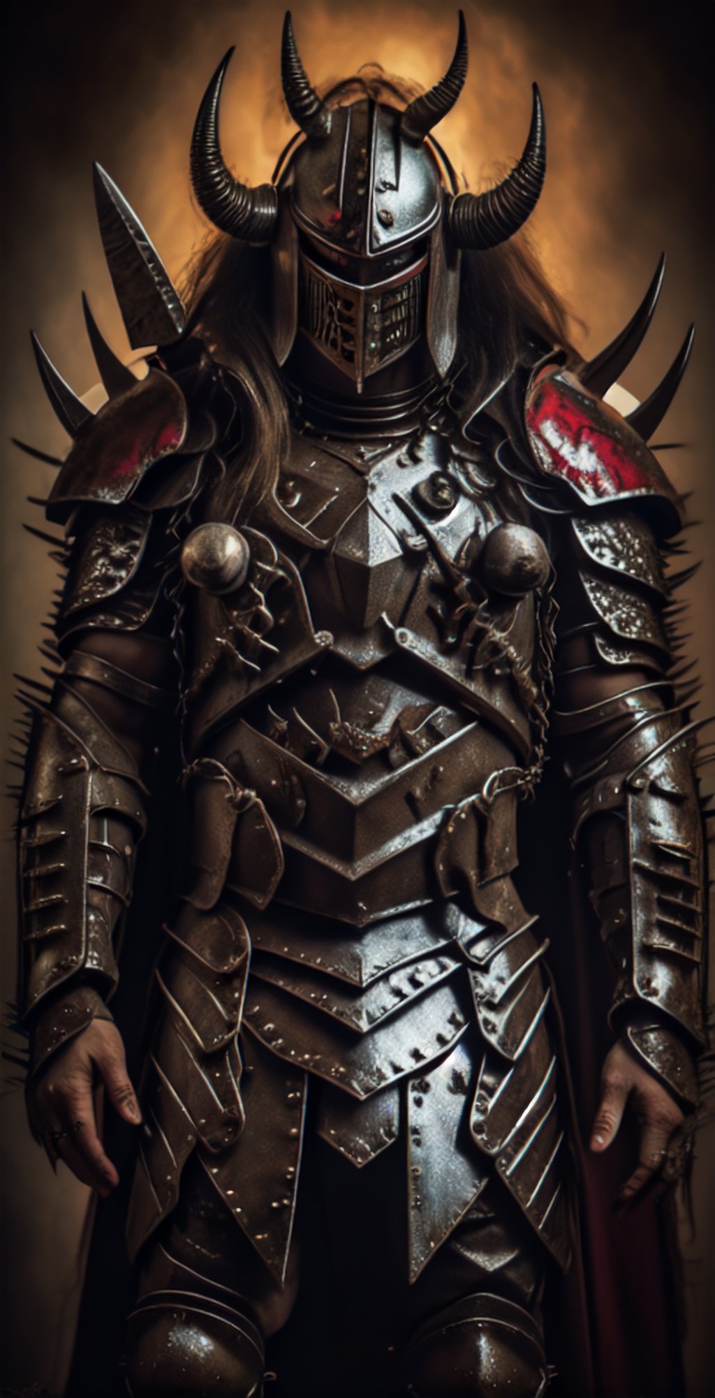 chaos warrior, (masterpiece), absurdres, (absurdly detailed:1.2), undivided, 2D, solo, best quality, dirty, bloodstained, , dirty armor, satanic,perfecteyes,MetalAI