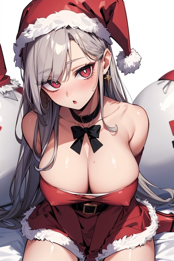 (masterpiece, best quality, highres:1.3), ultra resolution image, (1girl), (solo), (mascara, eyelashes), large breast, mature body, niji, santa girl, santa cosplay, dynamic angle, pov, embarassed