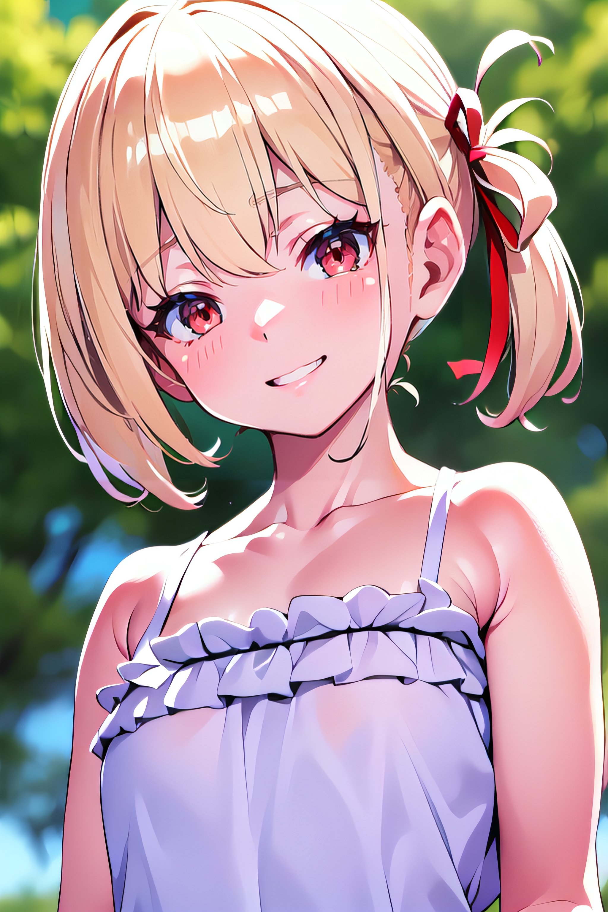 chisatonishikigi, , nishikigi chisato, short hair, bangs, blonde hair, (red eyes:1.5), hair ribbon, one side up, bob cut,BREAK japanese,shirt, bare shoulders, twintails, collarbone, hair ribbon, white shirt, frills, off shoulder, red ribbon, short twintails, off-shoulder shirt, frilled shirt,BREAK outdoors, track and field,BREAK looking at viewer, BREAK , (masterpiece:1.2), best quality, high resolution, unity 8k wallpaper, (illustration:0.8), (beautiful detailed eyes:1.6), extremely detailed face, perfect lighting, extremely detailed CG, (perfect hands, perfect anatomy), vape, cum on face, ,mesugaki