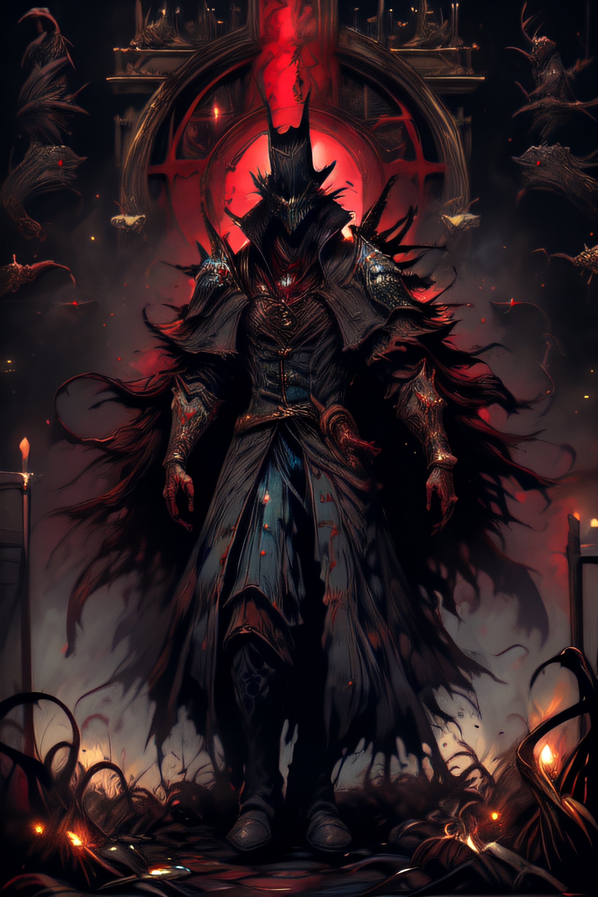 chaos warrior, (masterpiece), absurdres, (absurdly detailed:1.2), undivided, 2D, solo, best quality, dirty, bloodstained, , dirty armor, satanic,chaosmix, full_body , bloodborne 