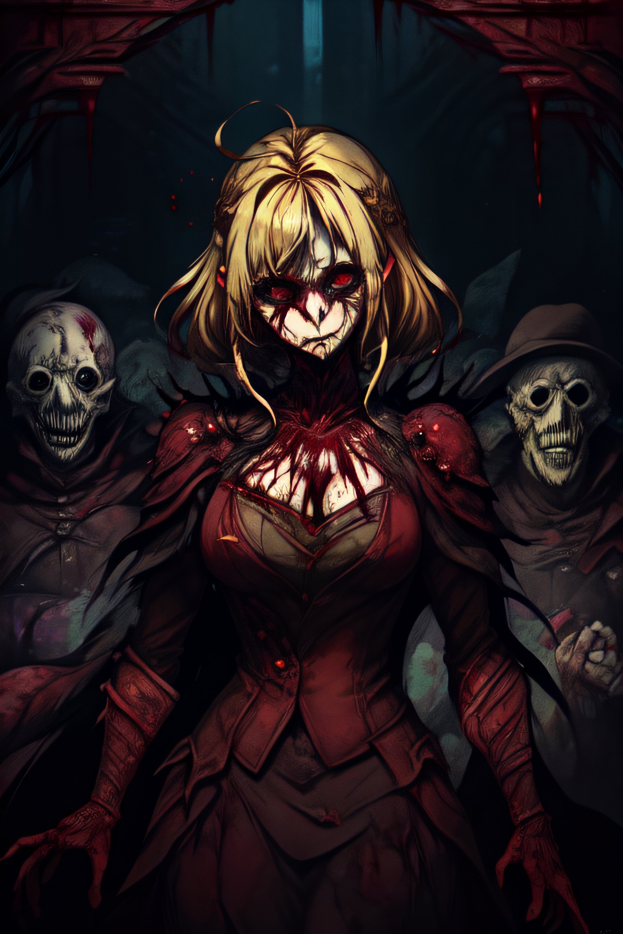 Blood woman warrior, (masterpiece), blonde hair, absurdres, (absurdly detailed:1.2), undivided, 2D, solo, best quality, dirty, bloodstained, , dirty armor, satanic,chaosmix, full_body , bloodborne, terror 