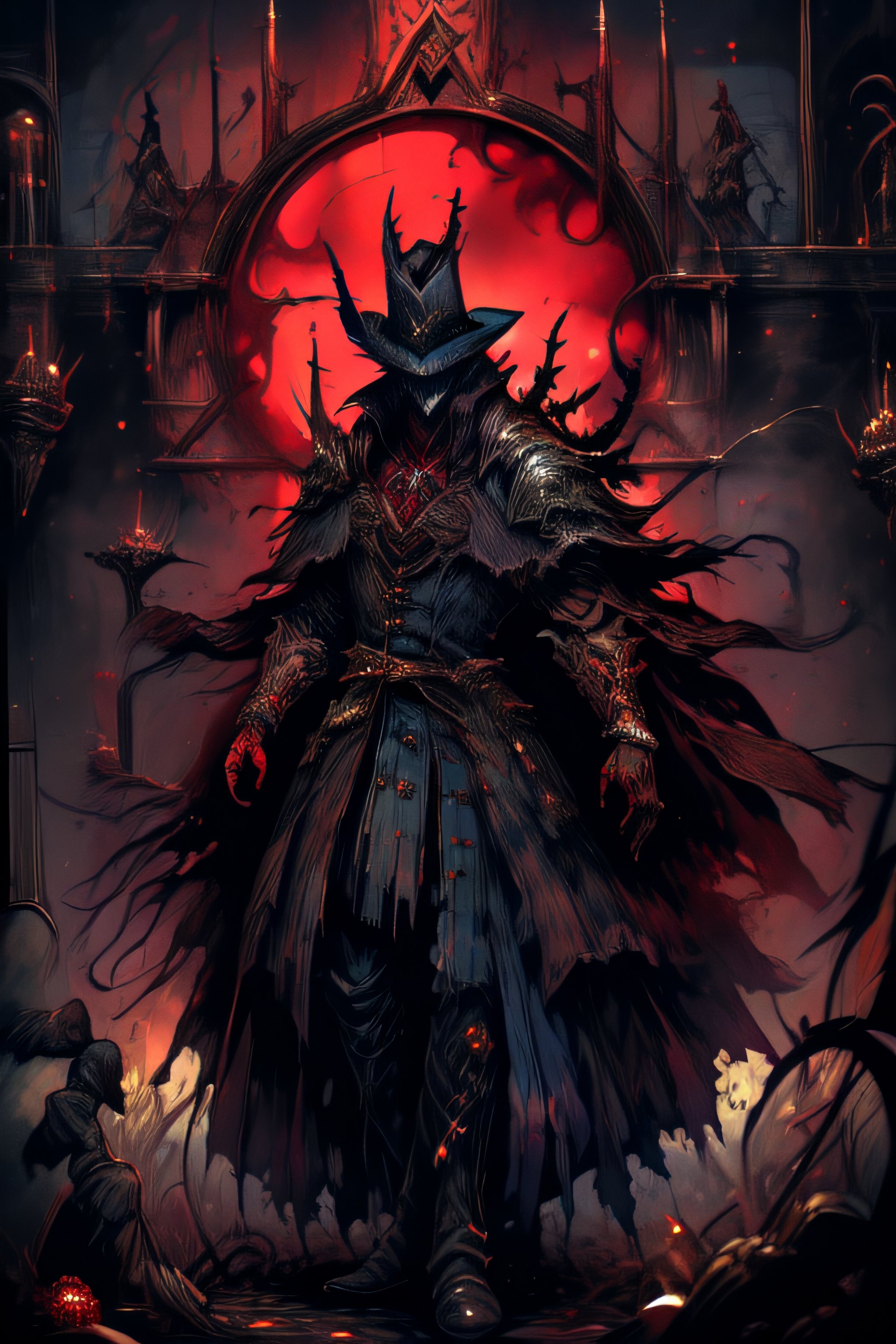 chaos warrior, (masterpiece), absurdres, (absurdly detailed:1.2), undivided, 2D, solo, best quality, dirty, bloodstained, , dirty armor, satanic,chaosmix, full_body , bloodborne 