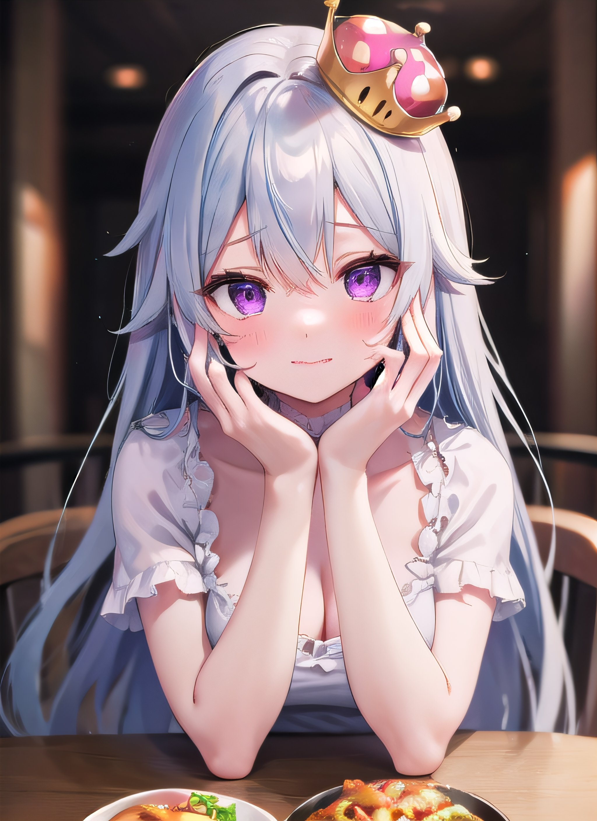  def1, face focus, close-up,full_body 
, , crown, white dress, food, simple background, elbows on table, cup, blurry background, indoors, upper body,perfect,hand,perfecteyes