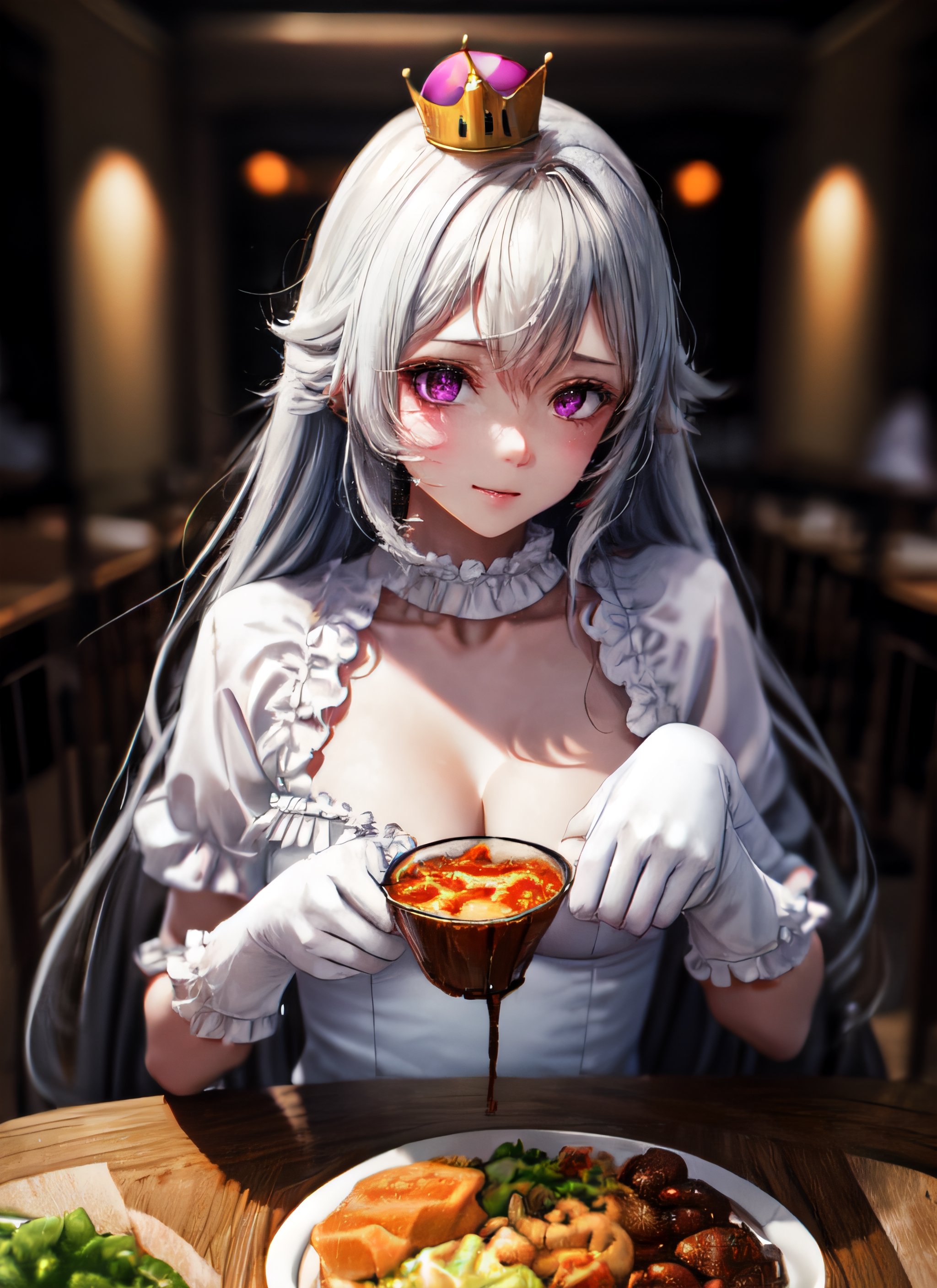  def1, face focus, close-up,full_body 
, , crown, white dress, food, simple background, elbows on table, cup, blurry background, indoors, upper body,perfect,hand,perfecteyes