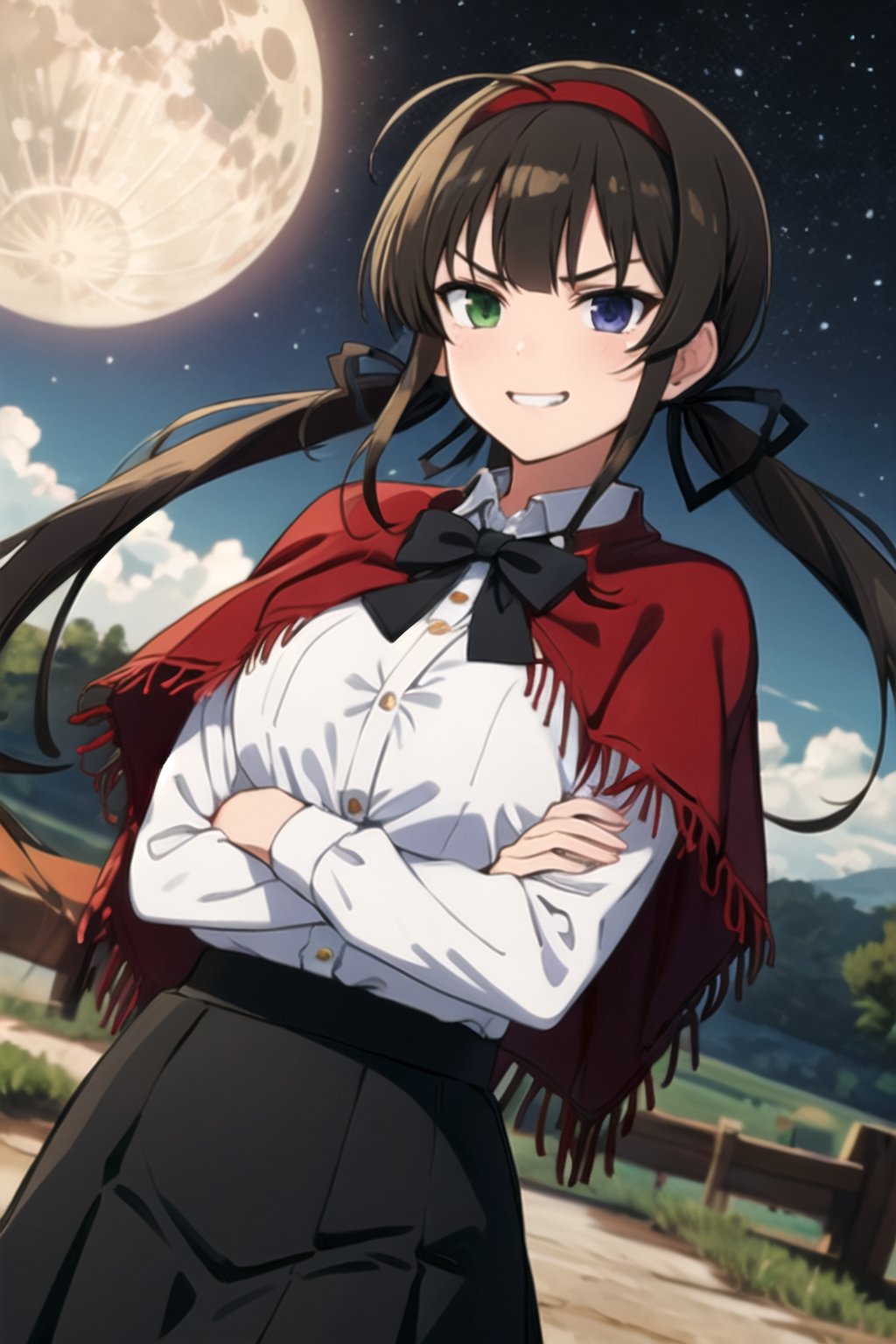 masterpiece, best quality, , 1girl, ryoubi \(senran kagura\), senran kagura, brown hair, long hair, twintails, low twintails, green eyes, blue eyes, heterochromia, hairband, red hairband, looking at viewer, facing to the side, sideway glance, pov, v-shaped eyebrows, smug, grin, dated, cowboy shot, crossed arms, dutch angle, breasts, large breasts, huge breasts, (capelet, red capelet:1.5), shirt, frilled shirt, (untucked shirt:1.5), (white shirt:1.5), long sleeves, wide sleeves, (red sleeves:1.5), skirt, (long skirt:1.5), frilled skirt, (black skirt:1.5), outdoors, forest, mountainous horizon, night, starry sky, moon, full moon, simple background, solo, solo focus, bandolier, ammunition, ammunition belt, bowtie, black bowtie,