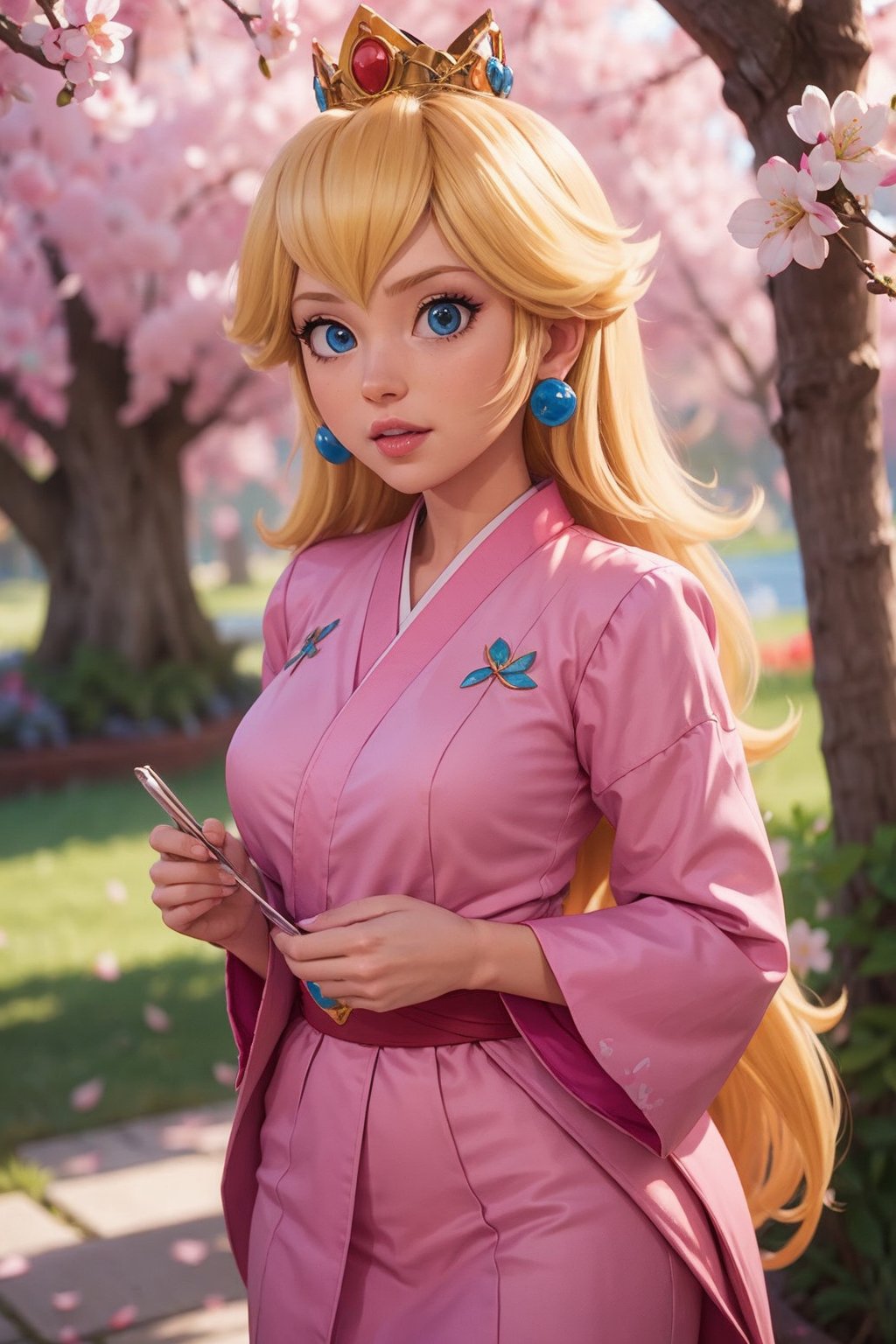 princess peach, hot, big_thighs, wearing pink kimono, 4K, at japan, complex background, cherry blossom hairpin, chest slit