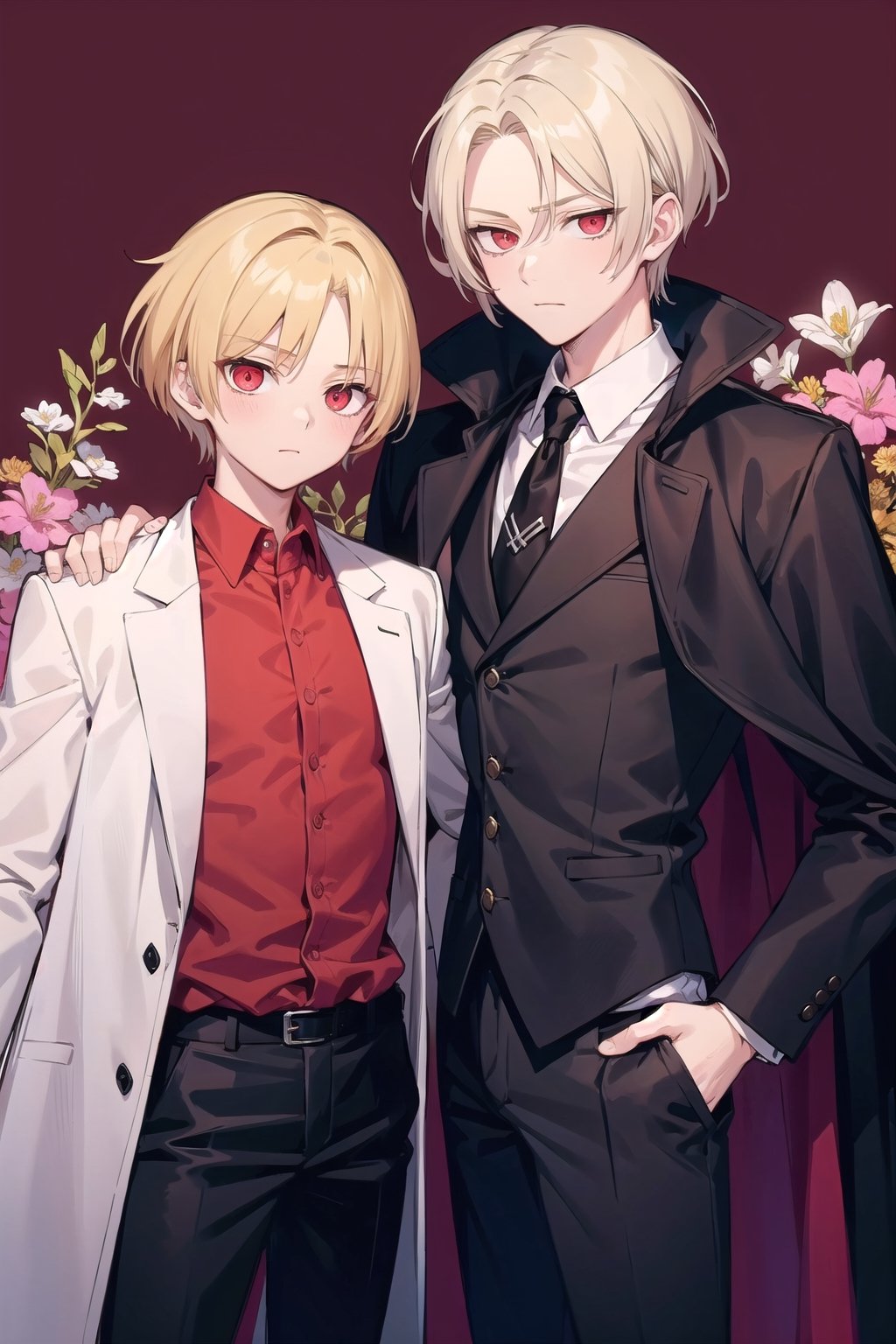 (Tall young handsome man, blonde, red eyes, glowing eyes, levi ackerman hairstyle,) coat, black coat, shirt, red shirt, pants, black pants, crown, king, cape, black waistcoat, ,Hanahaki disease, flower background, mature