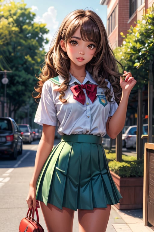 (best quality, masterpiece, ultra quality), cute girl, shiny silky brown blonde curly hair, deep tanned skin, slight bangs, big_thighs, UHD quality, red school skirt, stormy blue green eyes, school_uniform, white, hairclips, cute, cherry lips, hot, standing, blue green eyes, american, babyface, realistic, ,inboxDollPlaySetQuiron style, a little bit of freckles, preppy style, brown eyes, (detailed brown eyes), green highlights on hair, school background, reflected light in eyes