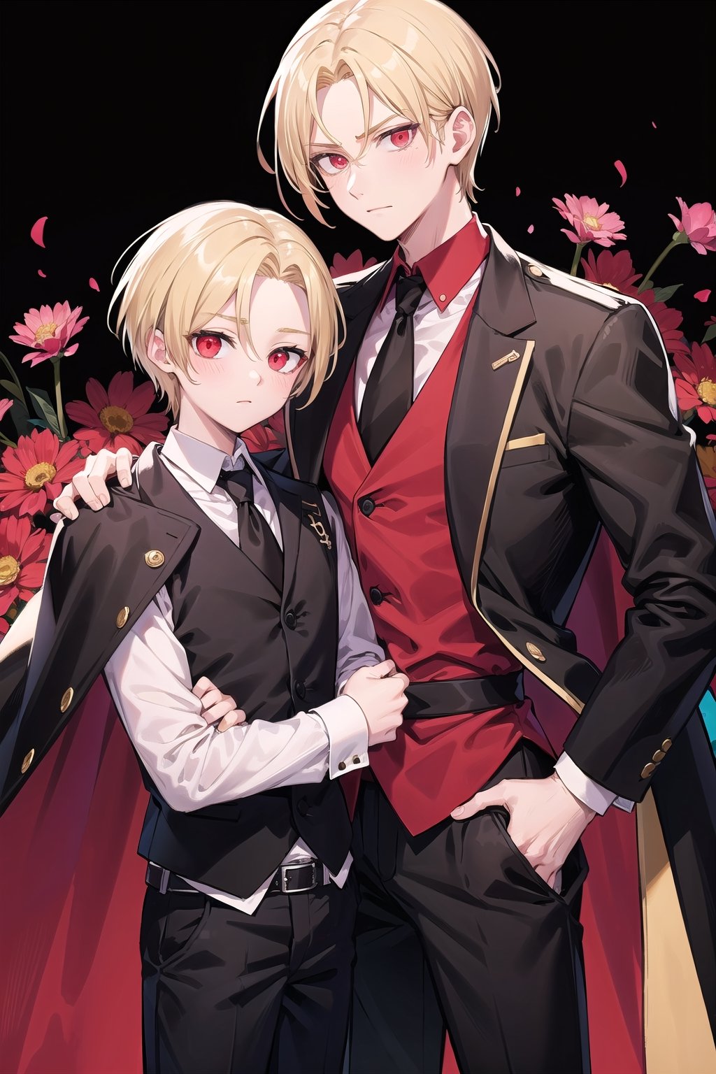 (Tall young handsome man, blonde, red eyes, glowing eyes, levi ackerman hairstyle,) coat, black coat, shirt, red shirt, pants, black pants, crown, king, cape, black waistcoat, ,Hanahaki disease, flower background